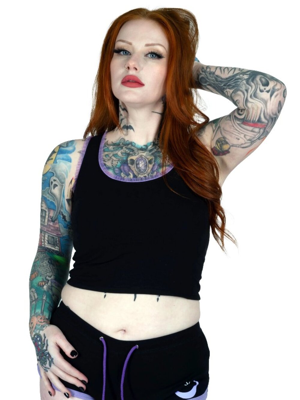 Too Fast Crop Tank Top - Black Purple Lace Goth Punk Rave Industrial Cybergoth